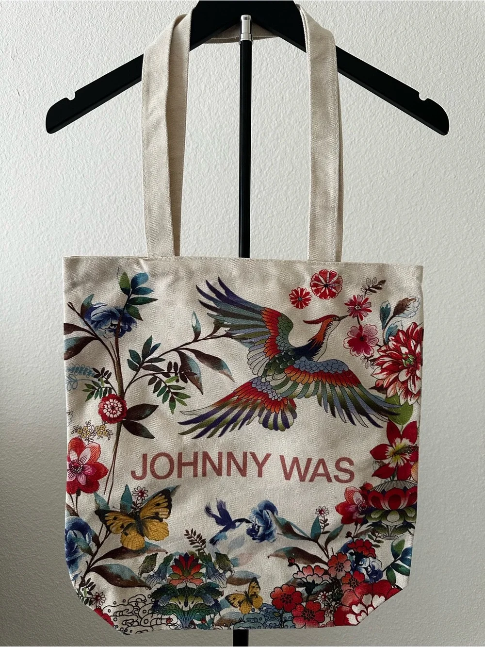 Johnny Was California Canvas Tote Bag Floral with Colorful Bird Print NEW